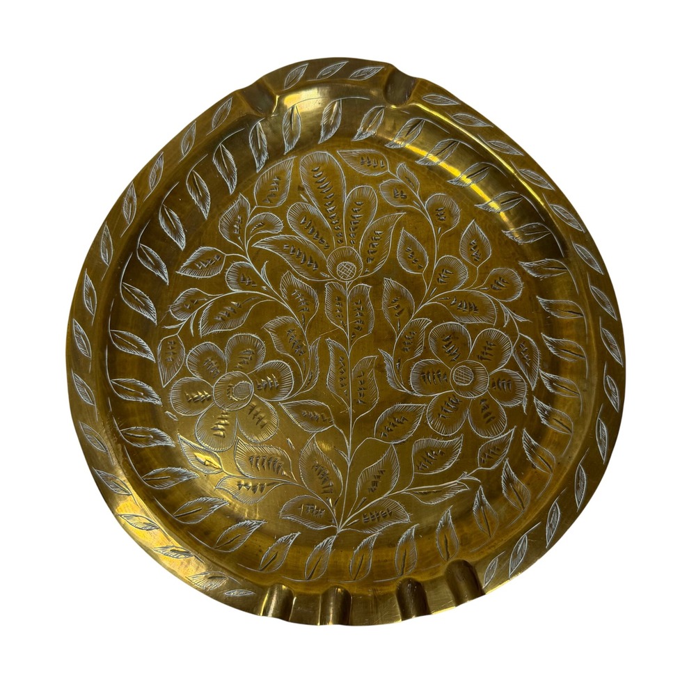 Sarna Brass Etched Floral Ashtray India 478T‎ Gold Vintage Boho Decor 9.25x9"